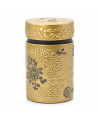 Boîte à thé en métal doré avec motifs de chrysanthèmes en relief et couvercle embossé, contenance 150 g