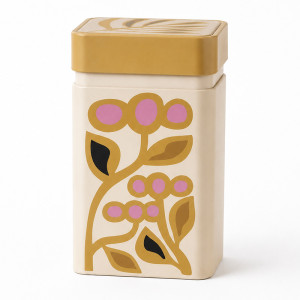 Scatola di latta per tè Seventea Giallo con motivo floreale dorato e rosa su fondo crema, capacità 150 g