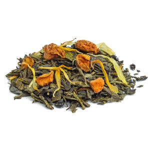 Thé vert Tondao en vrac : feuilles de thé vert, écorces d'orange et pétales jaunes – Thés & Traditions