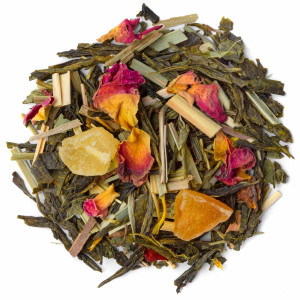 Miscela di tè verde con pezzi di frutta e petali di fiori per un'infusione profumata Pure Passion