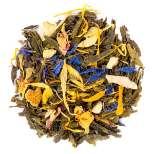 Tè verde Jingpo con petali di fiori secchi e frammenti di agrumi Thés & Traditions