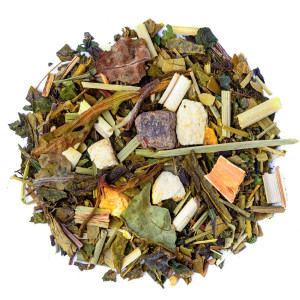 blend of green detox tea supergreen with herb leaves and pieces of bark and roots