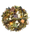 blend of green detox tea supergreen with herb leaves and pieces of bark and roots