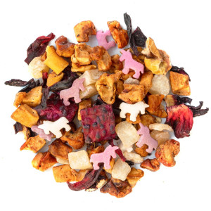 Tisana Polvere di Stelle con pezzi di frutta, ibisco e piccoli unicorni di zucchero rosa e bianchi
