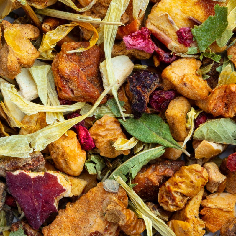 Miscela di tisana Pozione degli Elfi con frutti rossi secchi foglie e fiori gialli
