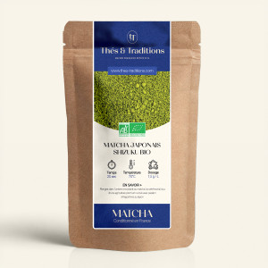 Sachet kraft refermable de Matcha Japonais Cérémonial Bio Shizuku, étiquette bleu marine et or Thés & Traditions, fenêtre laissa