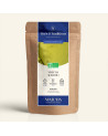 Resealable kraft pouch of Organic Matcha Aura, navy and gold Thés & Traditions label, window revealing the blend