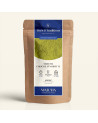 Sachet kraft refermable de Matcha Latte Chocolat Noisette, étiquette bleu marine et or Thés & Traditions, fenêtre laissant voir 