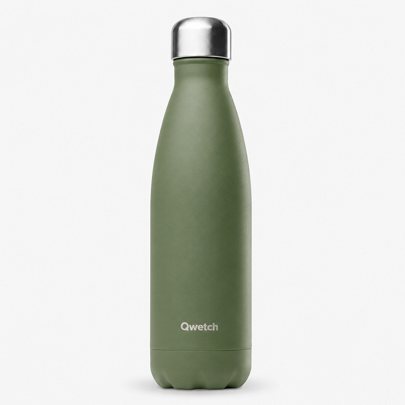 Bottiglia termica Qwetch Granite Kaki 500 ml in acciaio inossidabile, finitura opaca verde kaki, tappo argentato.