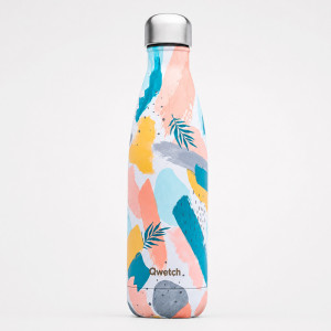 bouteille isotherme Qwetch Rhapsody 500ml motifs colorés abstraits avec feuilles et bouchon argenté