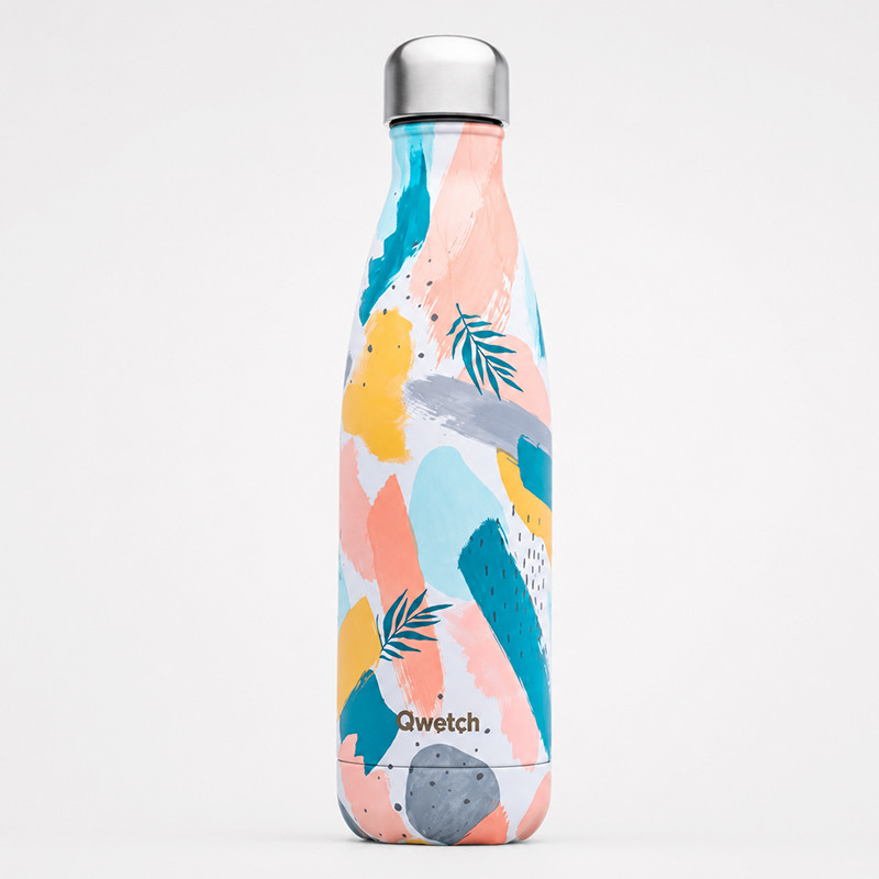 Qwetch Rhapsody 500ml insulated bottle with colorful abstract patterns, leaves and silver cap