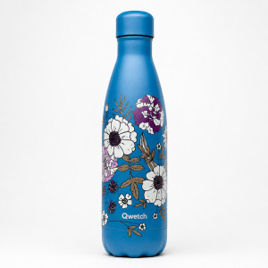 Bottiglia termica Qwetch Giardino dell'Eden 500 ml, acciaio inossidabile blu anatra con motivo floreale bianco e malva