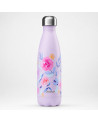 Bottiglia termica Qwetch Rosa 500 ml in acciaio inossidabile, fondo lilla polverato con stampa rose acquerello rosa e corallo