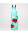 Qwetch thermosfles Klaproos 500 ml, turquoise roestvrijstaal, bedrukt met rode klaprozen en witte madeliefjes
