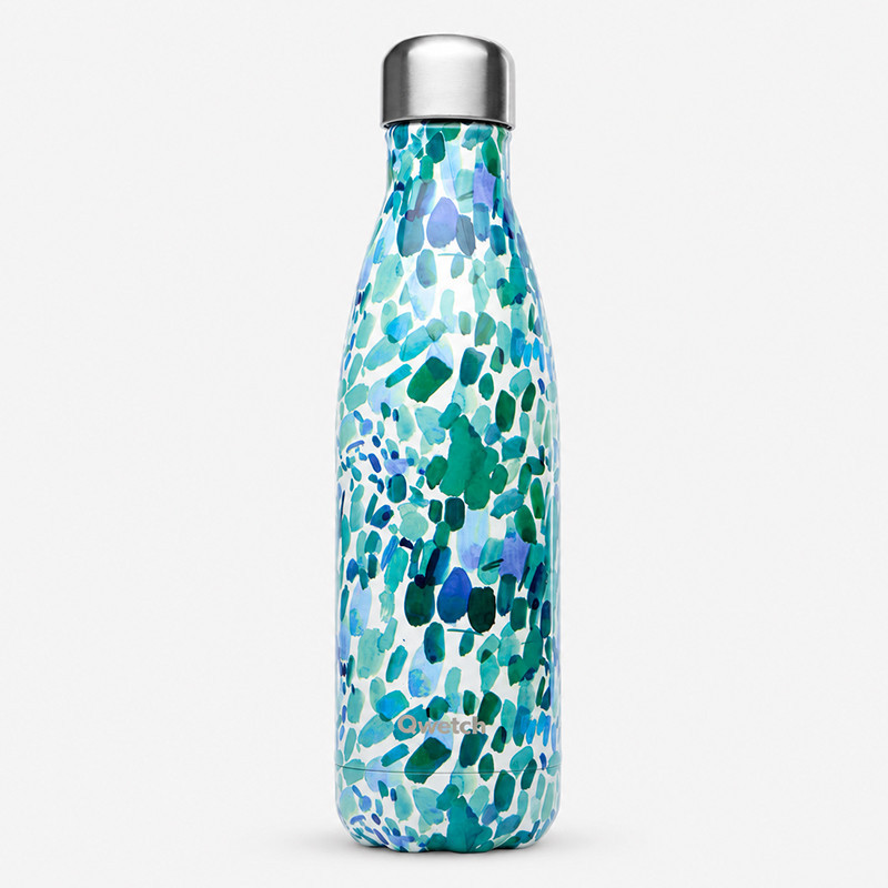 Bouteille isotherme Qwetch Arty 500 ml en acier inoxydable, motif aquarelle bleu vert turquoise sur fond blanc