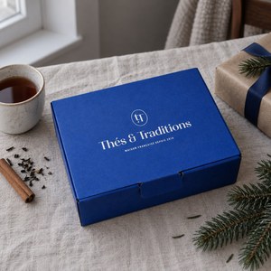 Coffret de Noël Thés & Traditions : écrin bleu sur une nappe en lin, avec branche de sapin, cannelle et paquet cadeau