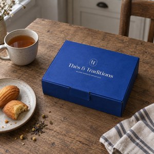 Coffret Gourmand Thés & Traditions : écrin bleu sur une table en bois, avec madeleines et tasse de thé
