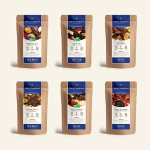 Contenu du Coffret de Noël : six sachets kraft de thés et infusions de fête