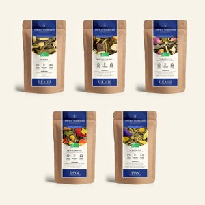 Contenu du Coffret Detox : cinq sachets kraft de thés verts et tisanes aux plantes