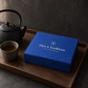 Coffret Grands Crus Thés & Traditions : écrin bleu sur un plateau en noyer, avec théière en fonte noire et tasse en grès