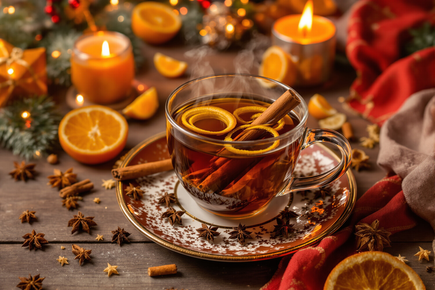 Tazza di tè nero con scorza d'arancia, cannella, chiodi di garofano e anice stellato