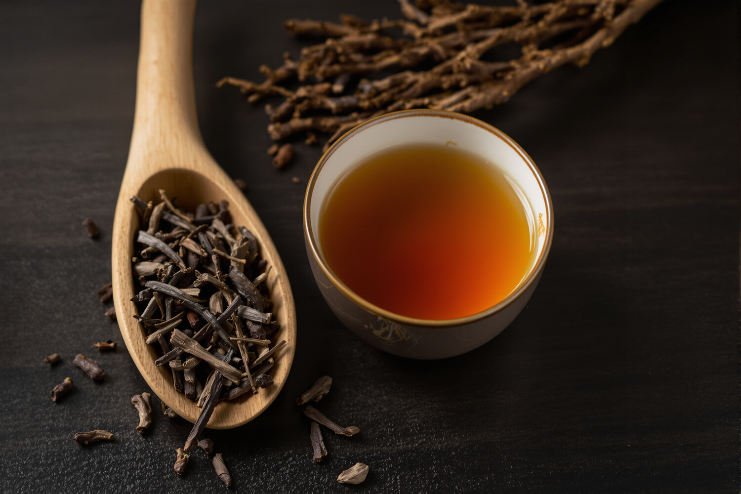 Tazza di Hojicha e bastoncini di tè tostato su legno scuro