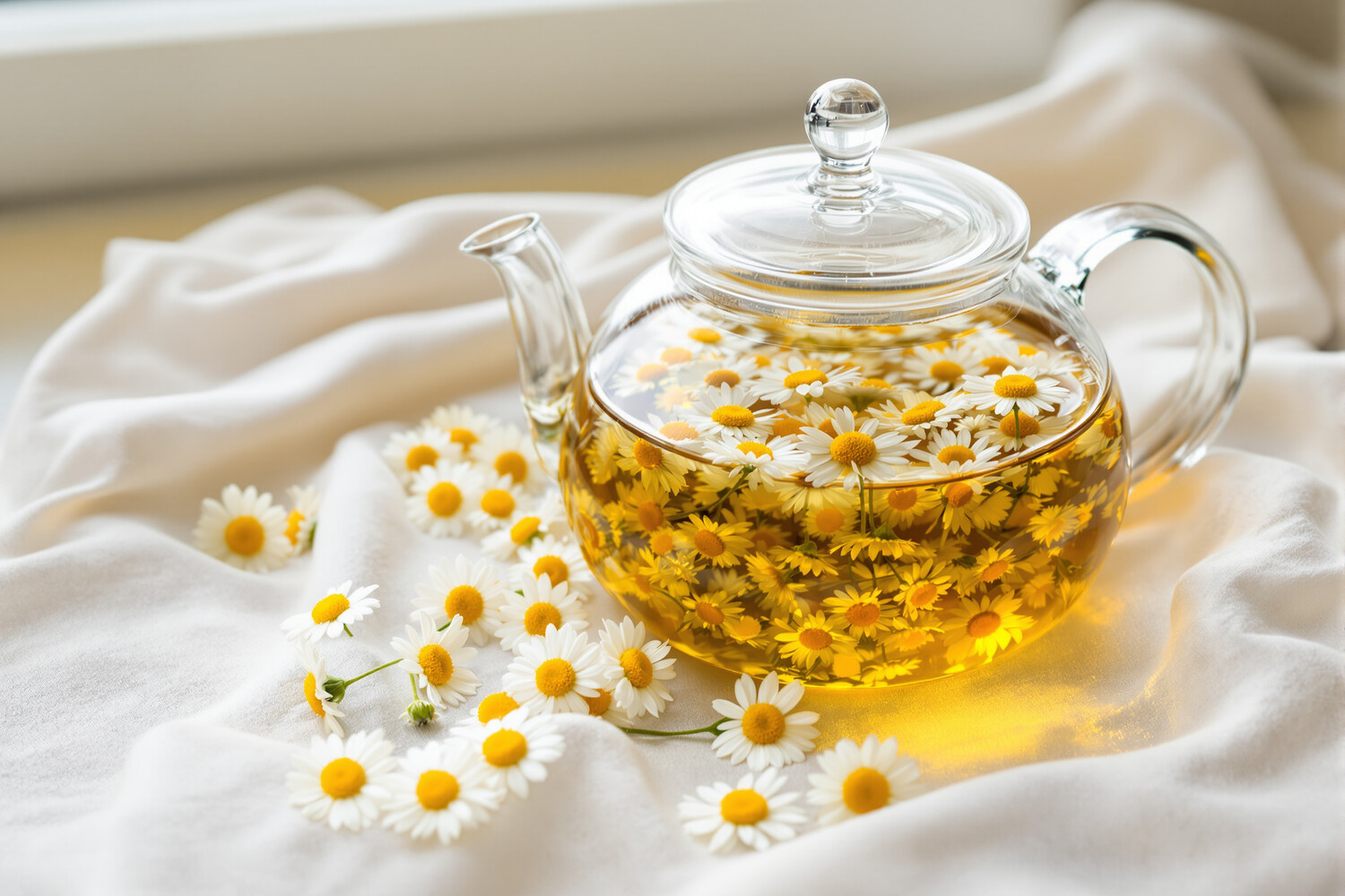 Théière en verre d'infusion de camomille et fleurs fraîches sur lin