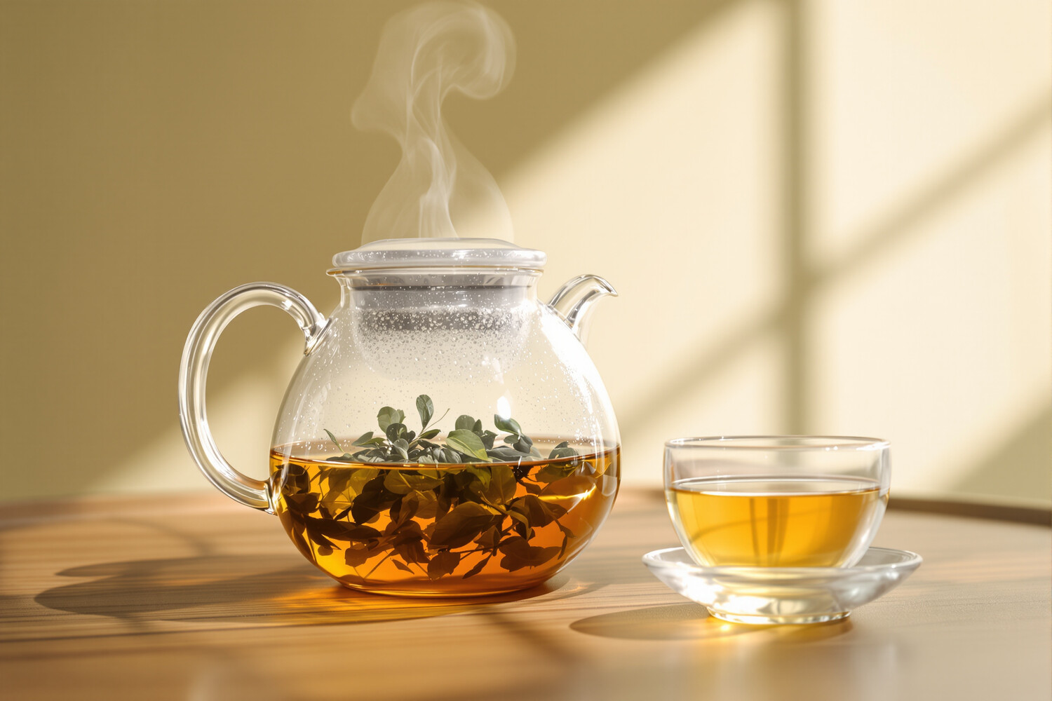 Théière en verre transparent avec thé oolong en infusion et feuilles déployées