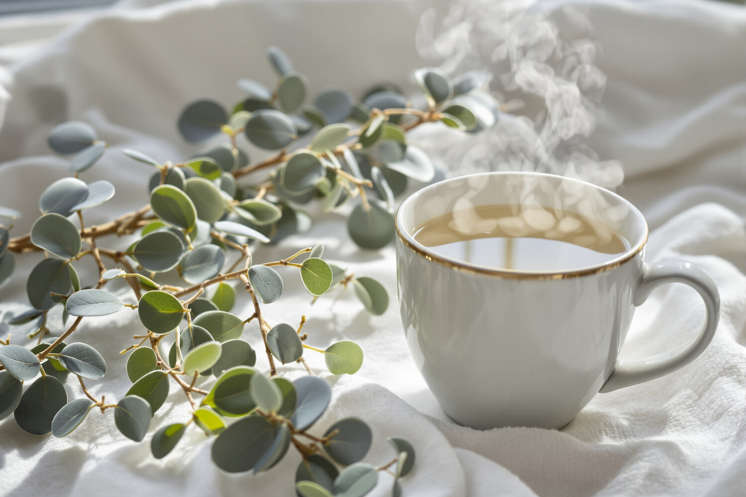 Rami di eucalipto argentato e tazza fumante di infuso chiaro in inverno