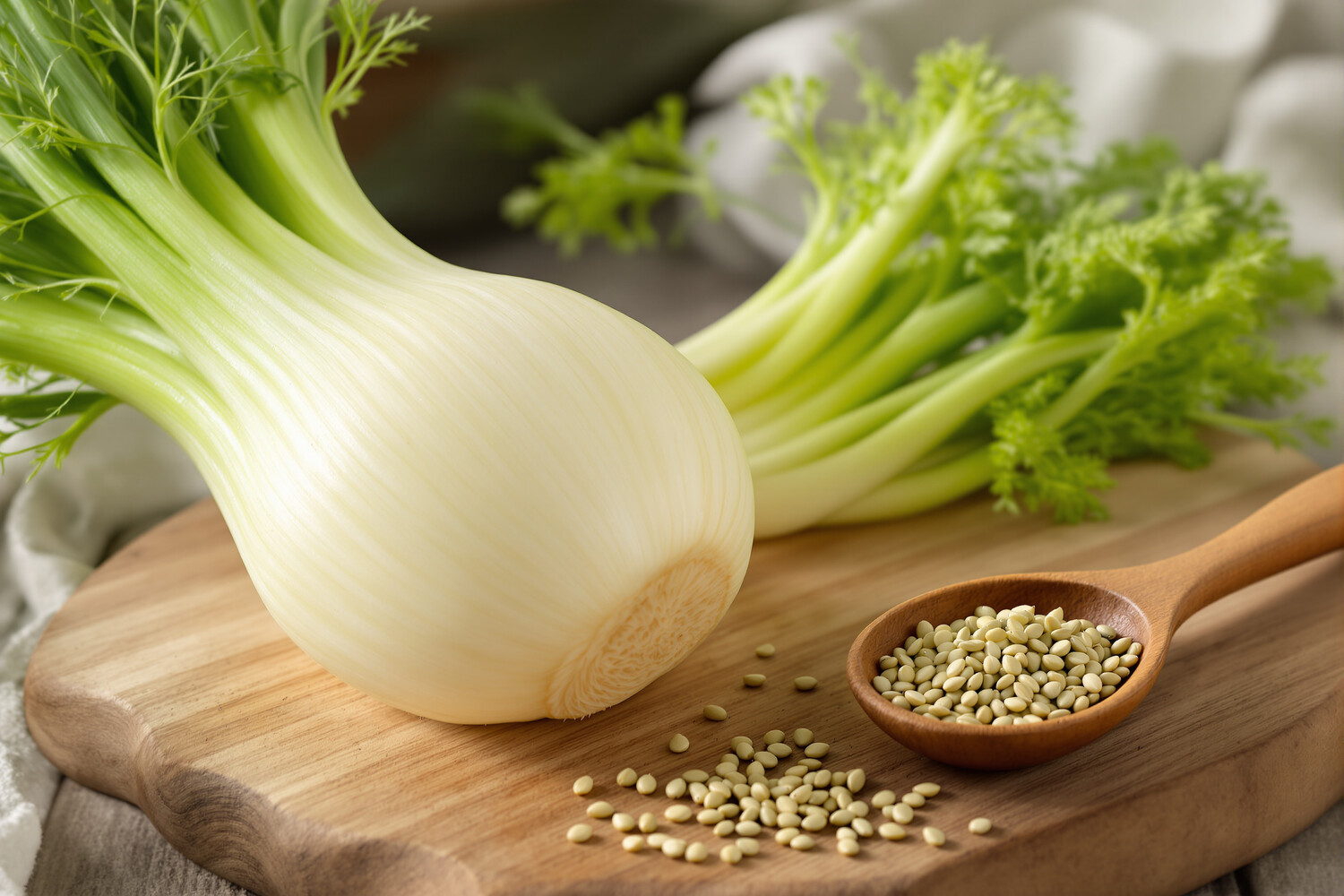 Bulbe de fenouil frais et frondes vertes sur planche en bois rustique