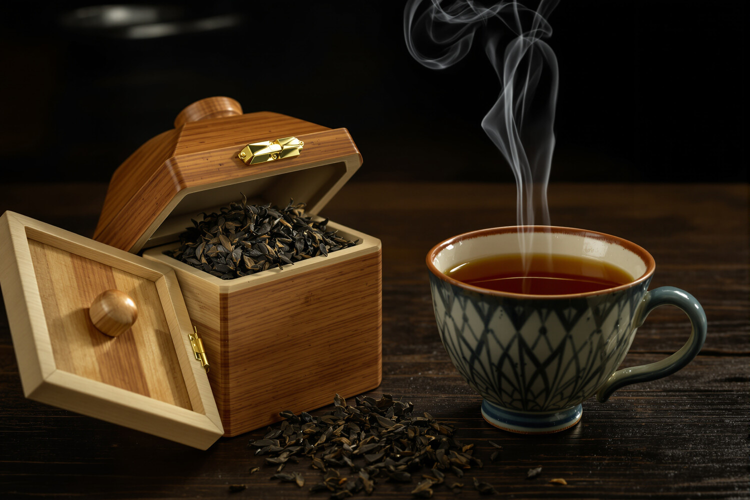 Tassa di tè nero Lapsang Souchong affumicato e foglie in una scatola di legno