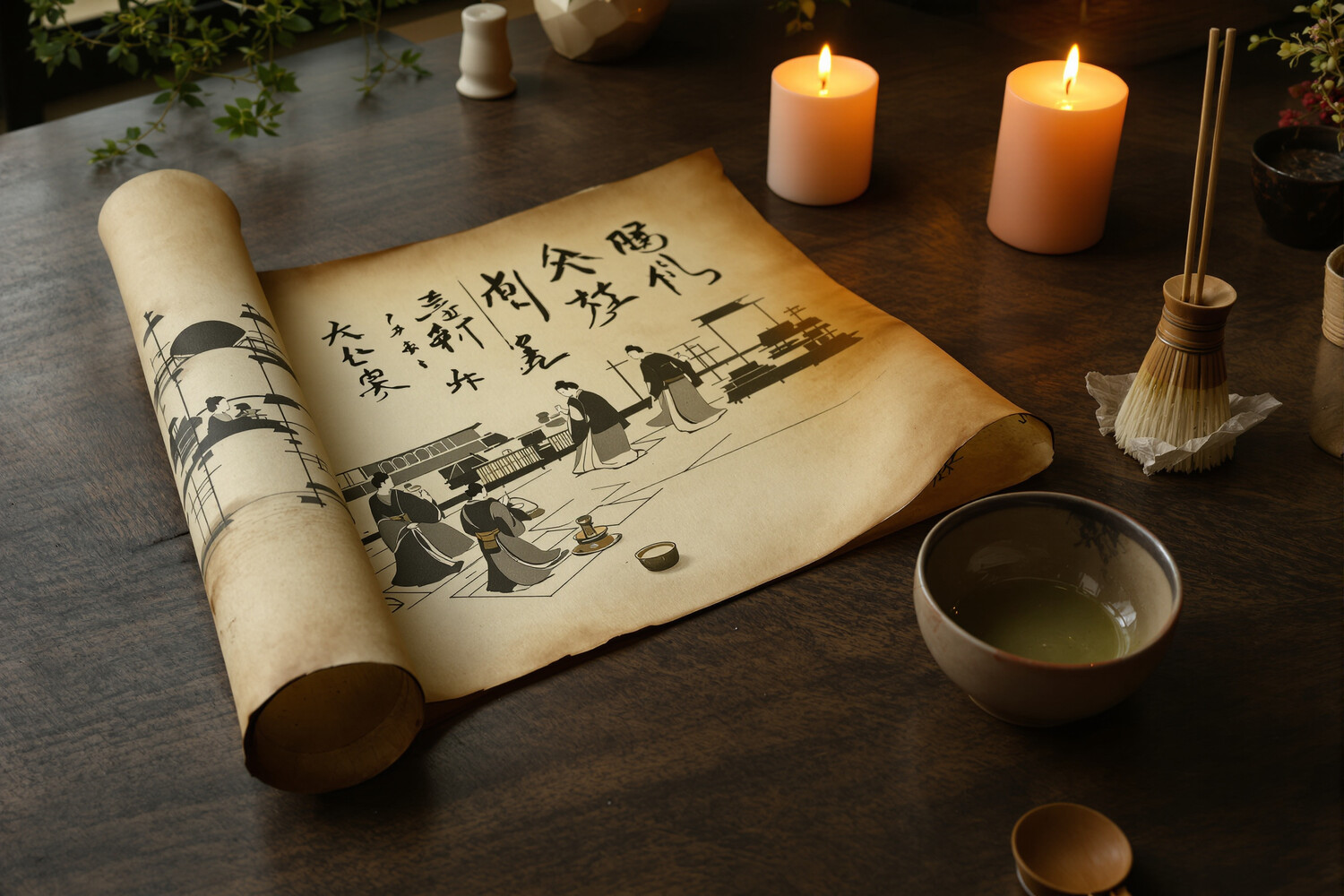 Oude Japanse sumi-e inktrol en matcha-kom bij kaarslicht