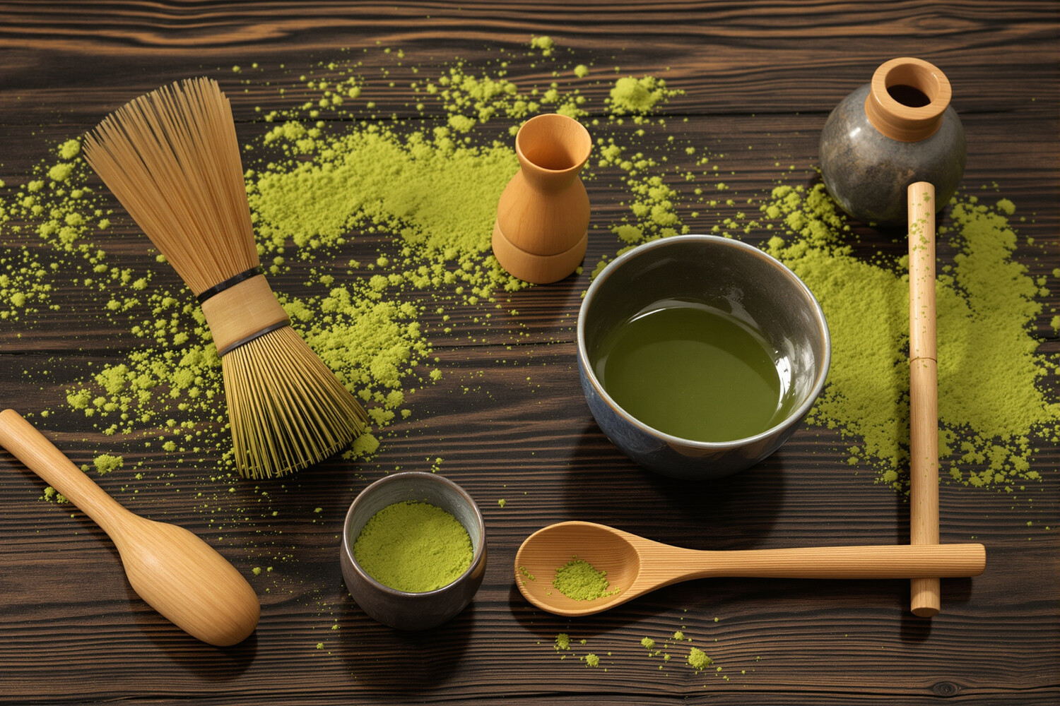 Chawan-kom, chasen-garde, chashaku-lepel en matcha op donker hout
