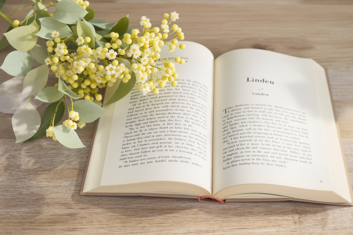 Bloeiende lindetak op een houten tafel met een vintage botanisch boek