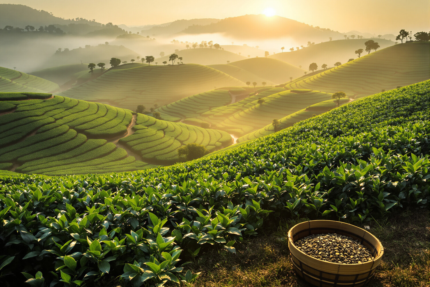 Piantagione di tè Darjeeling sulle colline all'alba con cesto di foglie