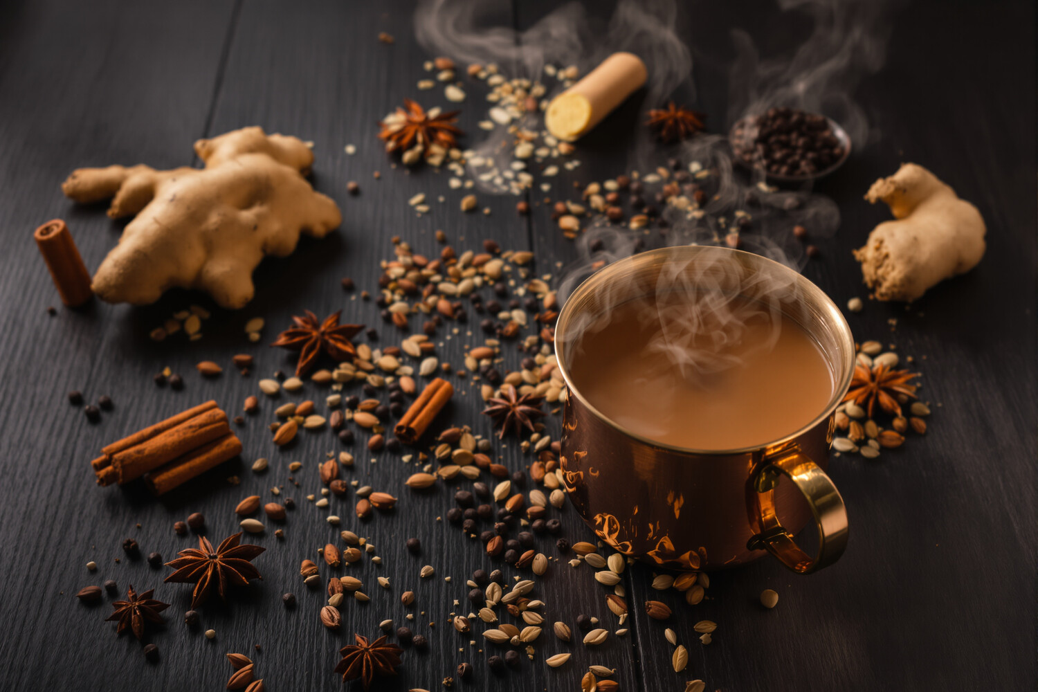 Bollitore di masala chai indiano fumante con cardamomo, cannella e zenzero