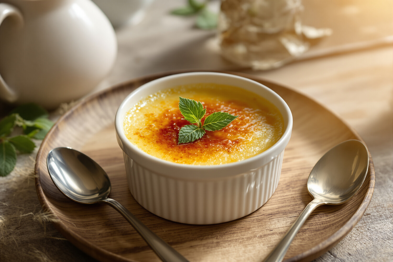 Crème brûlée dorée garnie d'une feuille de chanvre fraîche sur table en bois