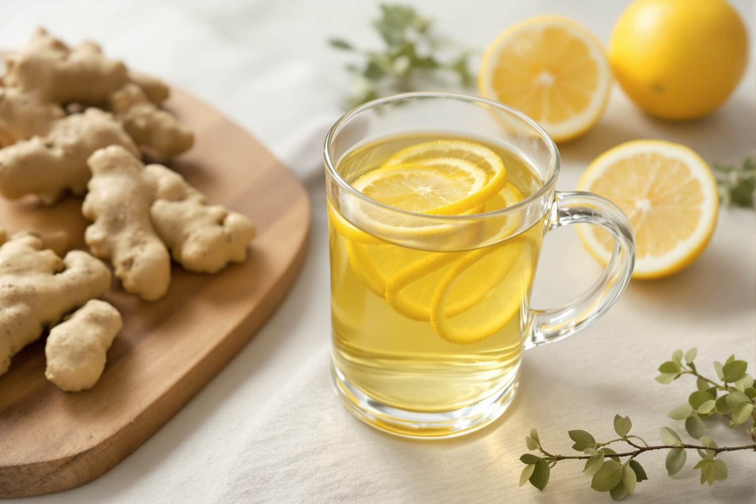 Tisane gingembre citron dans un mug en verre avec tranches fraîches