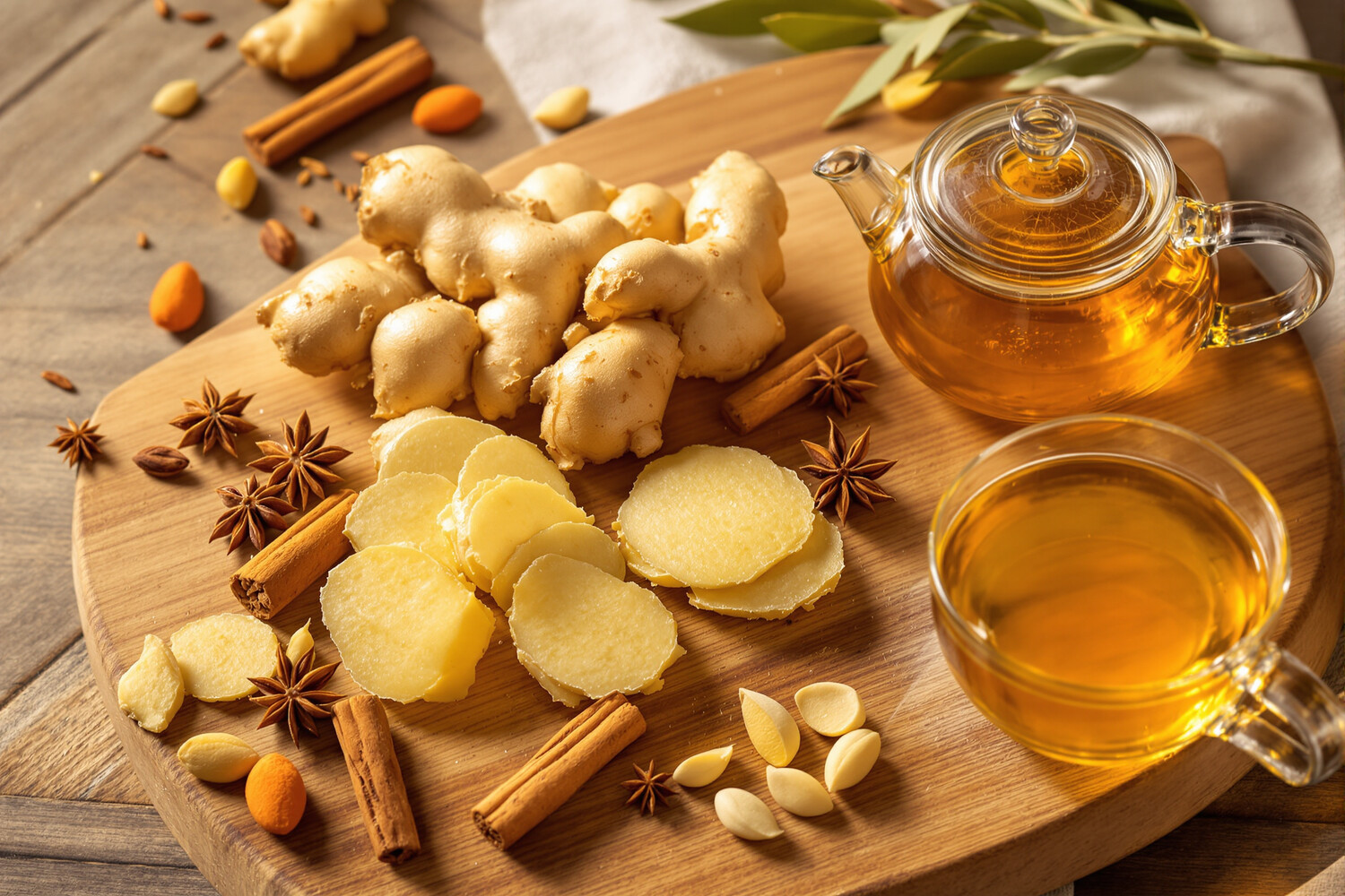 Tranches de gingembre frais et épices entières avec théière en verre