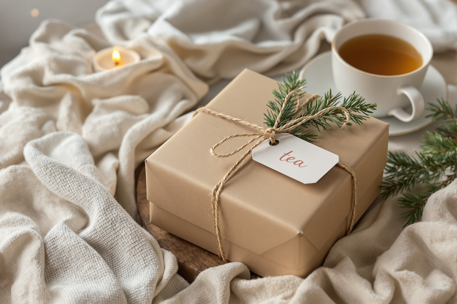 Kerstcadeau ingepakt in kraftpapier met natuurlijk touw en een takje spar
