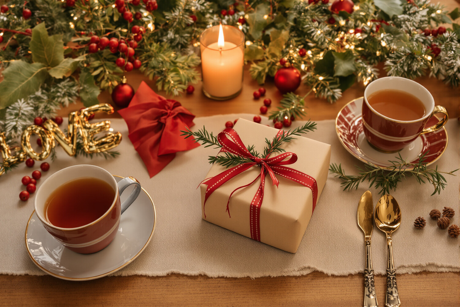Feestelijke kersttafel met een kopje thee, een kaars en een ingepakt cadeautje