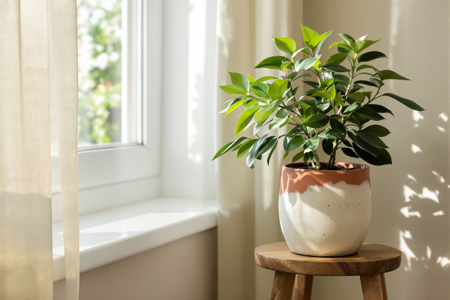 Giovane Camellia Sinensis in vaso di terracotta vicino a una finestra in un interno luminoso