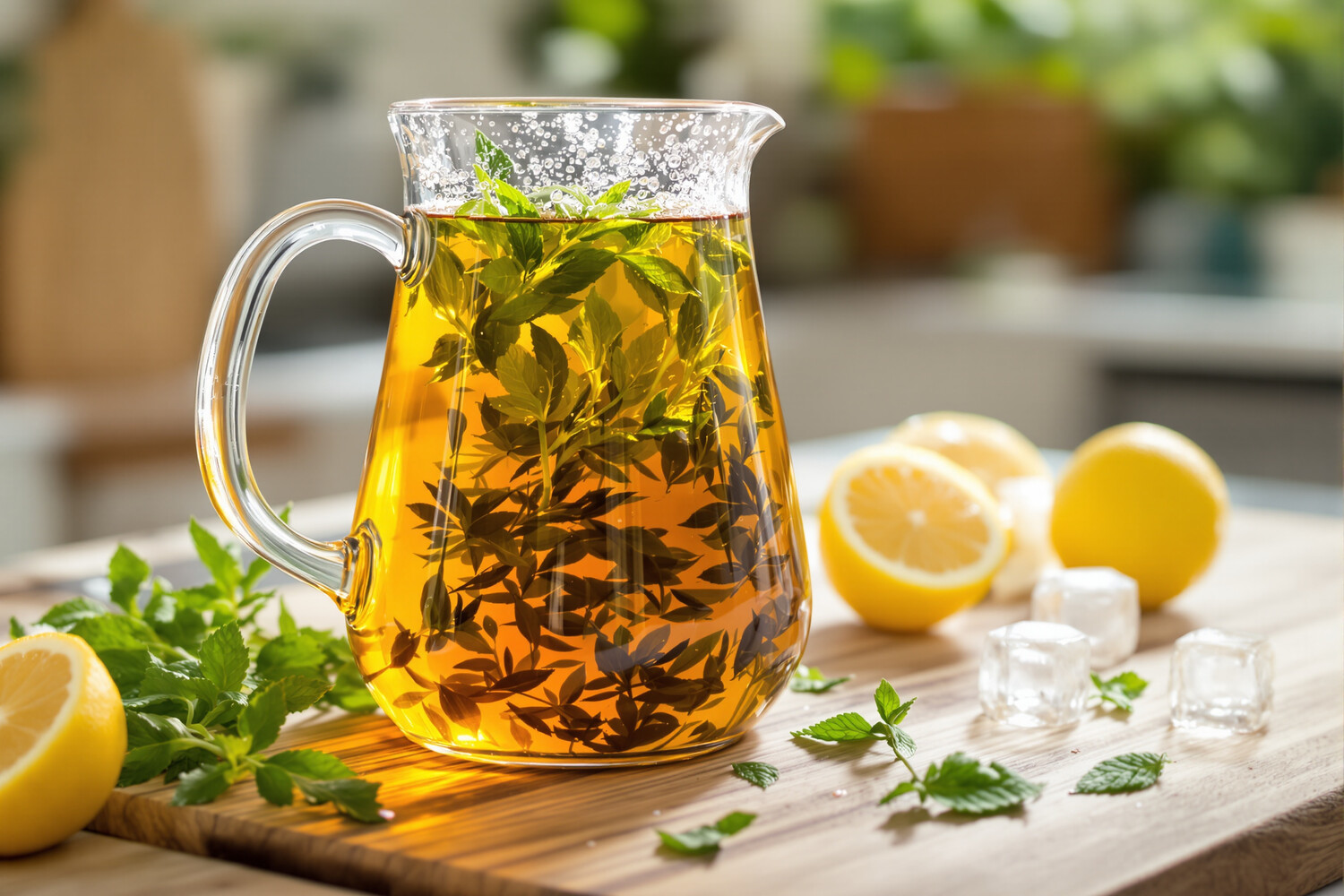 Brocca in vetro di cold brew con foglie intere, limone e menta fresca