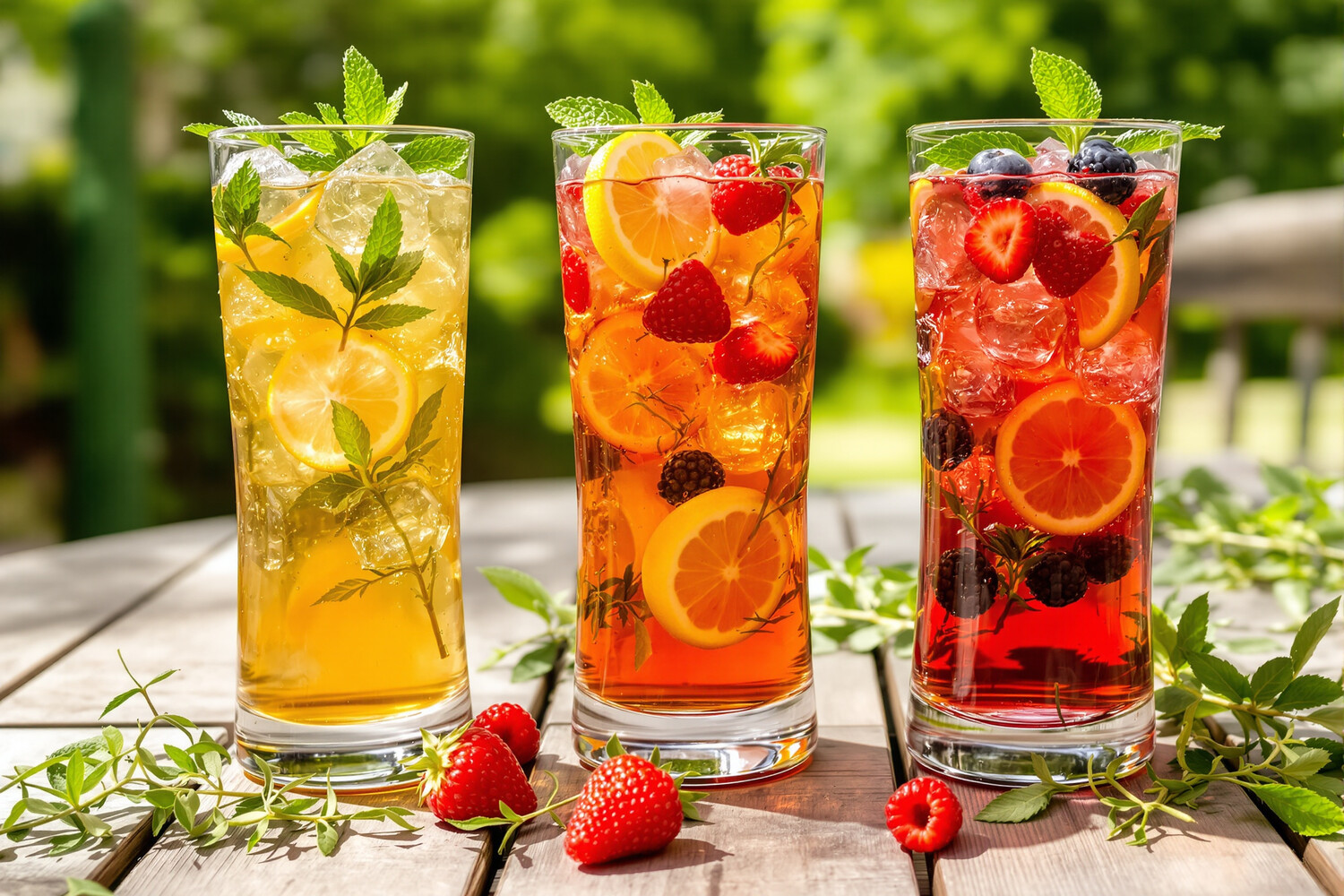 Tre tè freddi colorati con limone, menta e frutta fresca
