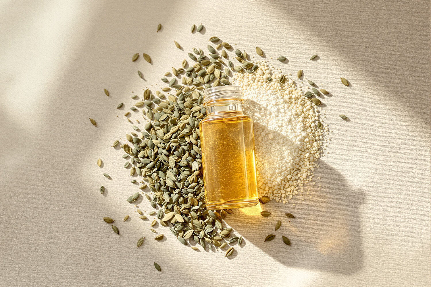 Feuilles de thé fraîches et tasse fumante d'infusion ambrée sur lin écru