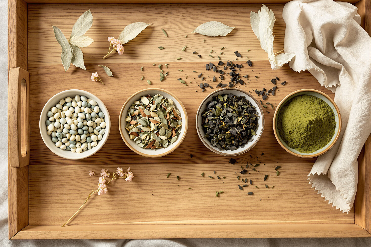 Quatre bols en céramique contenant thé blanc, thé vert, thé noir et matcha sur plateau bois, pour choisir selon sa sensibilité à la caféine.