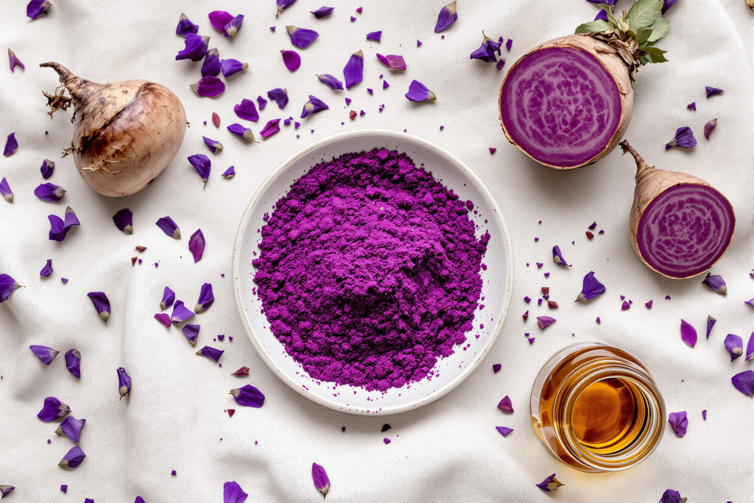 Bol en céramique de poudre d'ube violette entouré d'un tubercule coupé et de fleurs séchées sur lin écru.