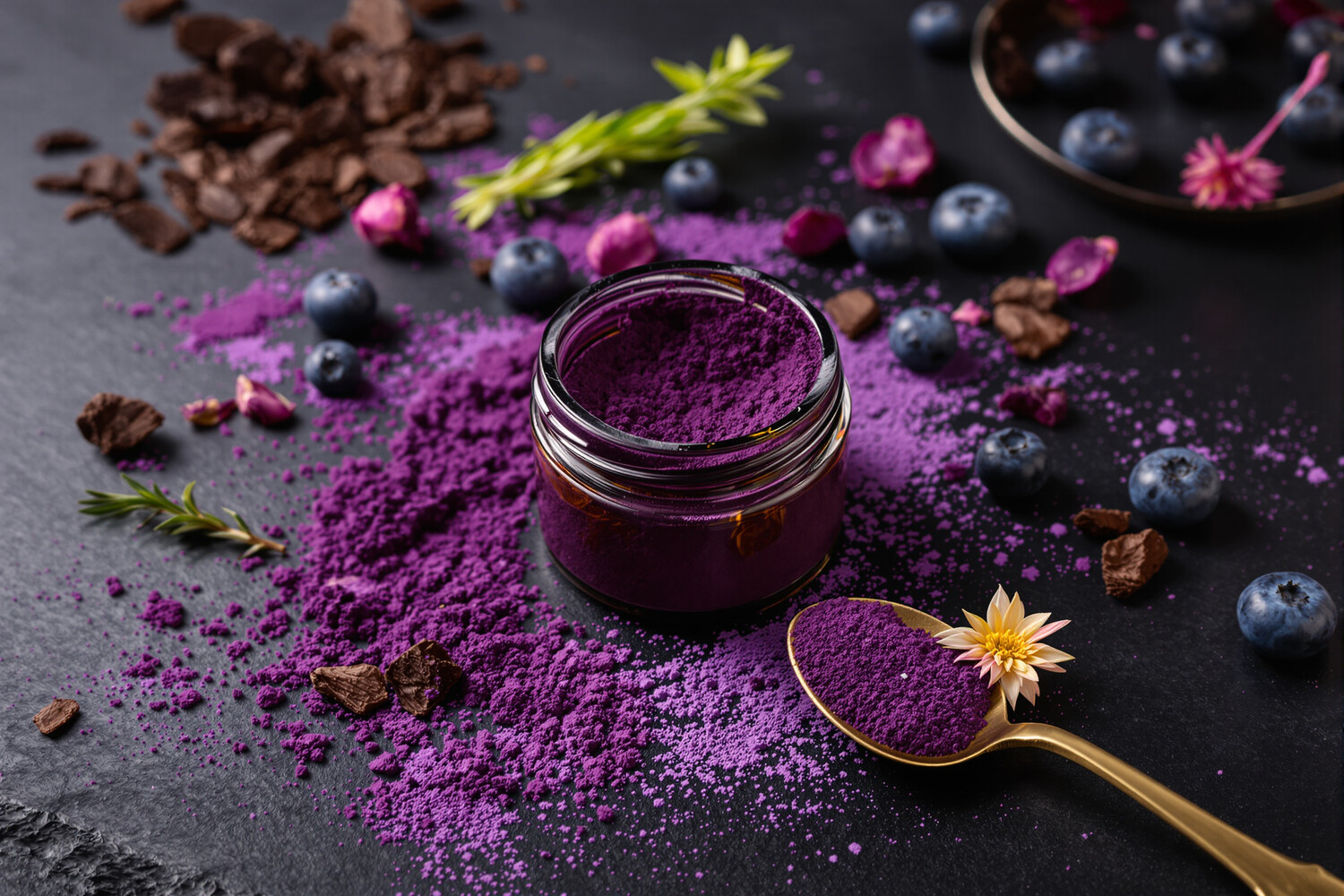 Pot ambré de poudre d'ube violette avec baies fraîches, cacao et fleur d'hibiscus séchée sur ardoise sombre.