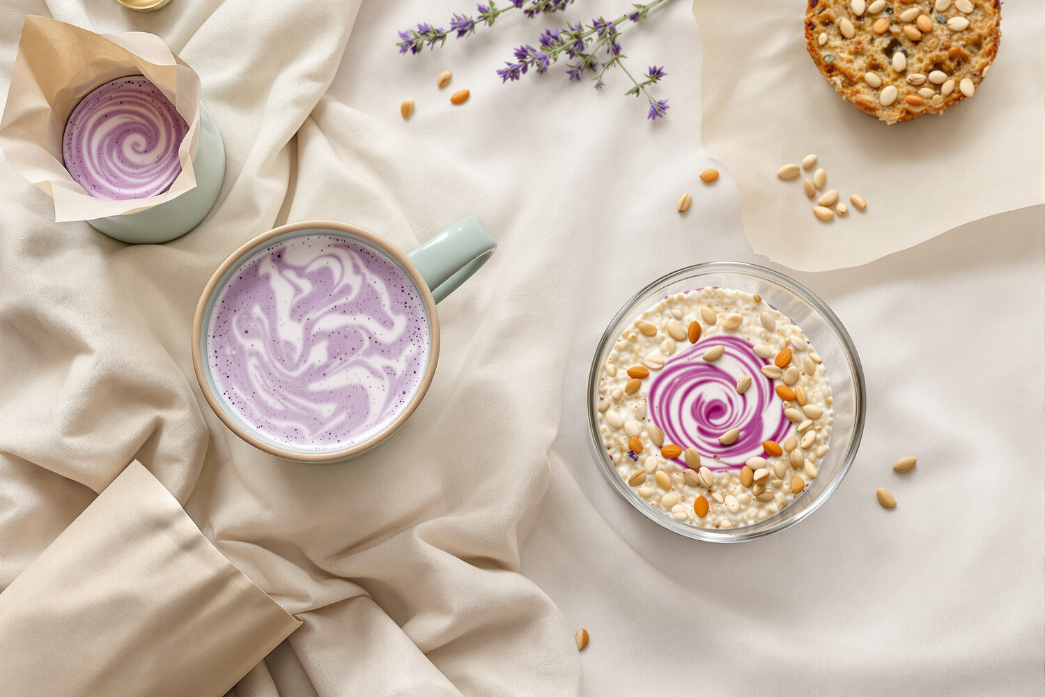 Latte violet à l'ube, bol de porridge et pain artisanal violet stylisés sur lin écru, lumière matinale.