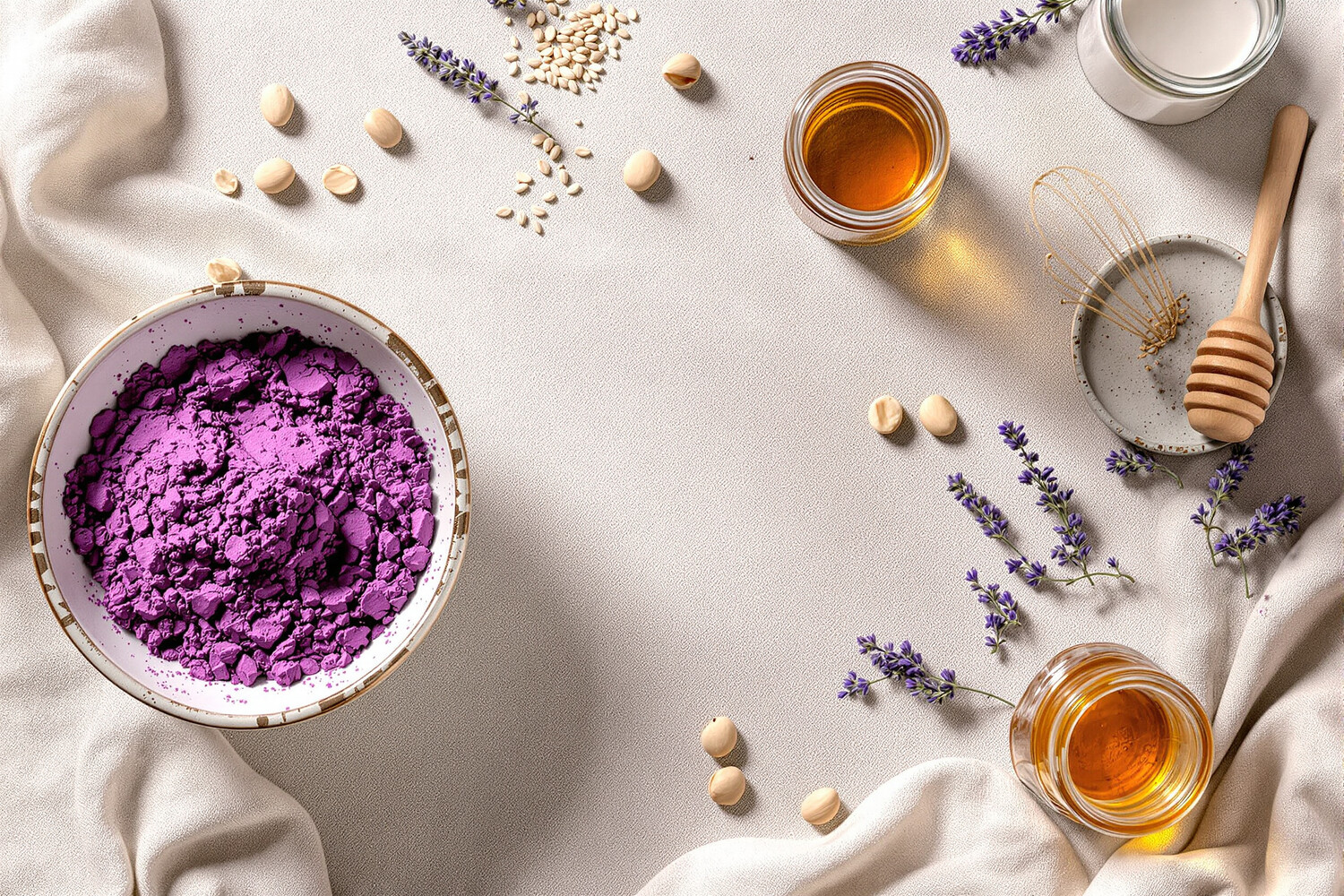 Ingrédients pour un ube latte disposés sur lin écru : poudre d'ube violette, laits végétaux, vanille et sirop d'érable.